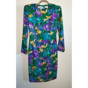 Vintage Gillian Womens 100%‎ Silk Green Purple Floral Dress Size 6 Open Back 70s